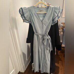 Baybala Sky Blue/Green Midi Dress with Ruffle Sleeves